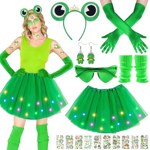 7-delad grodkostym dam, grodkung-kostym vuxna, groddräkt med groda pannband, LED tutu tyllkjol, handskar, klistermärken, örhängen och glasögon för karneval, temafester, halloween