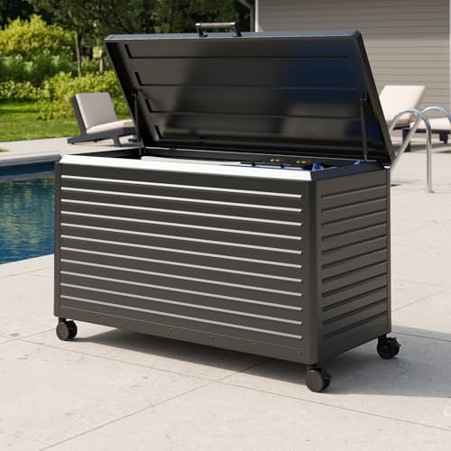 Image of MIRADOR 134 Gallon Outdoor Storage Box with Wheels & Soft-Close Lid, Waterproof Metal Deck Box for Patio Cushions, Garden Tools & Pool Accessories, Charcoal