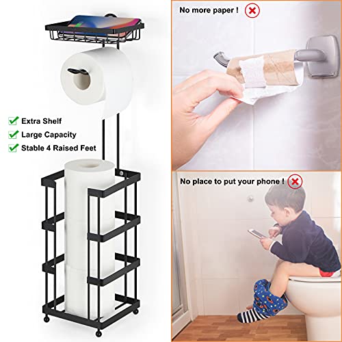 Toilet Paper Holder Stand Freestanding Paper Roll Dispenser With Shelf Toilet Tissue Holder For Bathroom Storage Holds Phone/Mega Rolls (Black) #TOP3
