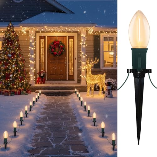 C9 LED Christmas Pathway Lights, 38FT Outdoor Warm White Pathway Markers Lights with 25 Stakes...