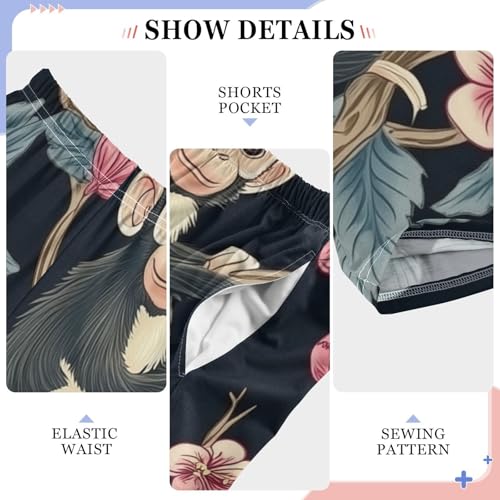 Monkey Plum Flowers Boys Long Pants Soft Trousers Elastic Waist Kids Lounge Bottoms with Pockets S-XL4