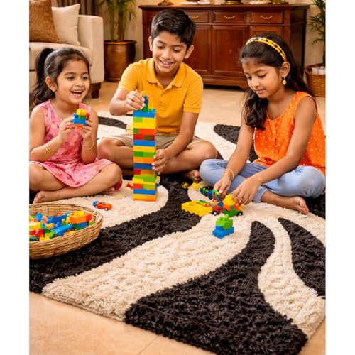 Image of 2x4 feet Shaggy Polyester Abstract Modern Area Rug - 2 Inch High Pile Ultra Soft Plush Carpet for Living Room, Bedroom & Kids Room, Thick Fluffy Rug for Indian Home Decor B - Rectangular
