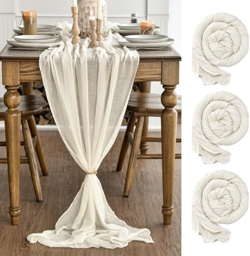 Artoid Mode Boho Beige Gauze 3 Pieces Wedding Table Runner, 300 cm Birthday Fabric Kitchen Dining Holiday Table Decor for Home Party Indoor