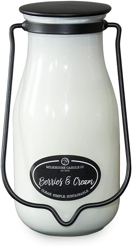 Berries & Cream Soy Candle - Raspberry | Blueberry | Sugarcane Scented - 14 oz Milkbottle with Lid, 90+ Hour Burn Time, Made in the USA