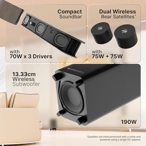 Image of Zebronics 2026 Launch 550W Soundbar with Dolby Atmos, DTS X, 5.1 CH, 13.33cm Wireless Subwoofer & Rear Satellites, LED Display, BT v5.3, HDMI eARC, Wall Mountable, Matte Finish (Juke Bar 9710C)