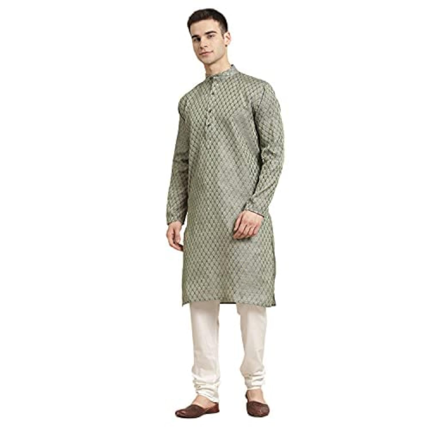 sojanya (Since 1958 Men's Jacq Silk Teal green Self design Kurta & Off-White Churidar Pyjama Set Size 40-picture-16