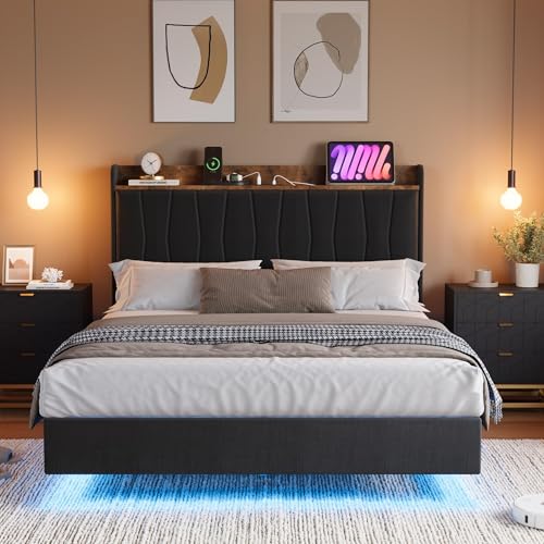 Garvee Full Size Floating Bed Frame with LED Lights and Storage Headboard, Full Upholstered Metal Platform Bed with Charging Station, Linen Fabric, No
