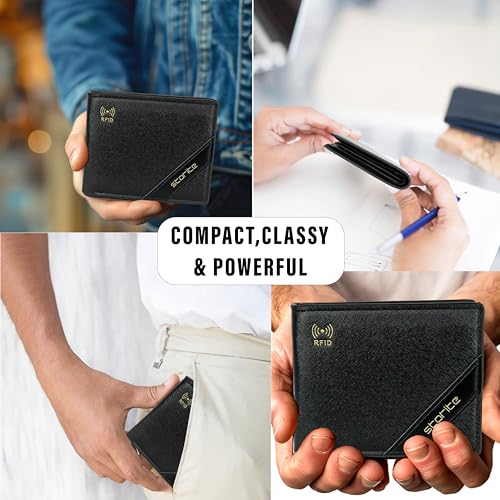 Image of Storite Men's RFID Blocking Leather Wallet Slim Bifold Wallet for Men with Card Slots, Cash Compartment, Stylish Black Everyday Wallet - Black