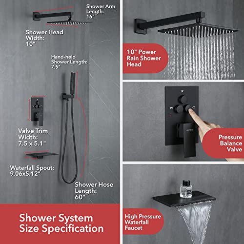 Vanfoxle Shower Faucets Sets Complete Matte Black Shower System With Tub Spout Push Button Diverter Shower Faucet Fixtures With 2 In 1 Handheld, 10 Inch Shower Head(Rough-In Valve Body And Trim) #TOP3