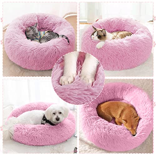 DONWEI Katzenbett Flauschig, Donut Kissen Hundebett, Flauschig Weiches Katzenkissen Rund, Waschbar Plüsch Katzenkorb, Katzenkörbchen, Katzencouch für Kleine Hunde und Katzen(50cm, Rosa)