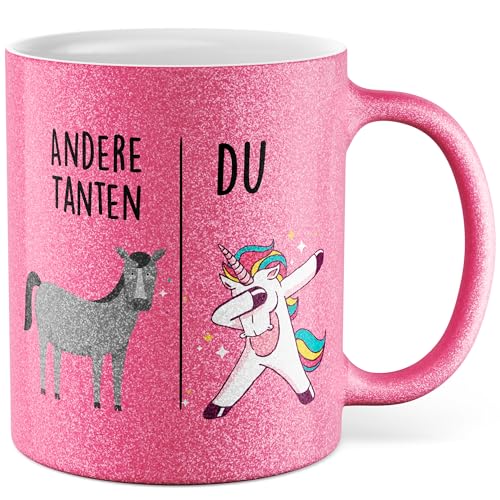 Tasse Tante Geschenk Andere Tanten - Du, Kaffeetasse Tante Geschenk für Frauen Ehe Hochzeit, Geschenkidee Frau Geburtstag Weihnachten Patentante Familie Kaffee-Becher (Weiß/Glitzer)