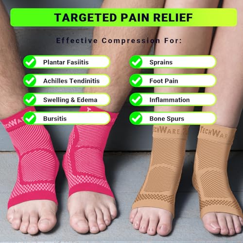 Image of TechWare Pro Ankle Brace Compression Sleeve - Plantar Fasciitis Sock. Relieves Achilles Tendonitis. Foot Arch Support Reduces Joint Pain, Swelling & Heel Spur Pain. Injury Recovery Braces for Sports