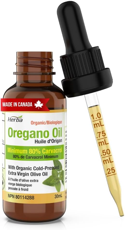 Herba Herba Organic Oregano Oil Drops - 30ml (1 fl oz) | Certified Organic Wild Oil of Oregano Liquid Drops with Over 80% Carvacrol and 1% Thymol | High Potency - Source of Antioxidant | Made in Canada