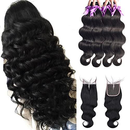 Beaudiva Hair 4 Bundles with Closure(18 20 22 24+18 Free Part) Professional Brazilian Body Wave Hair 100% Unprocessed Virgin Natural Black Human Hair Extensions