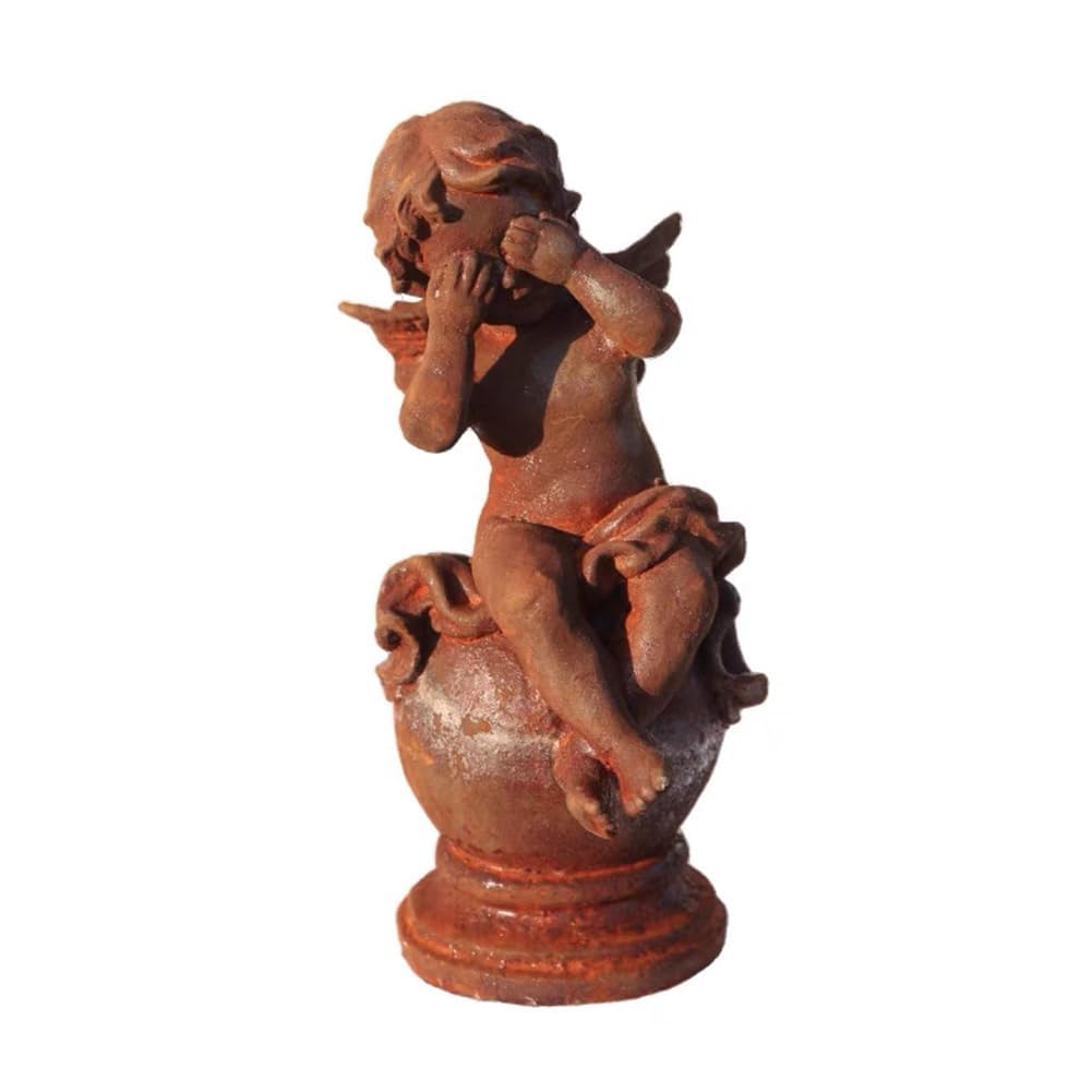 Żeliwna statuetka aniołka, zakryty oczy, 33 cm, antyczna figurka ogrodowa z żeliwa, imitacja rdzy lub biała, dekoracyjna figurka anioła do ogrodu, na taras i do domu (rdza)