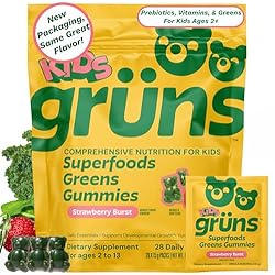 Gruns Multivitamin for Kids, Super Greens Gummies, 20+ Vitamins & Minerals, Spirulina, Chlorella, Alfalfa, Prebiotics Fiber for Digestive Health, Adaptogens Supplement, 28ct (Packaging May Vary)