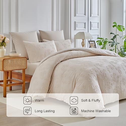 Image of 7 Pieces Bow Comforter Set for Girls Kids Khaki Tufted Boho Bedding Set Full Size Farmhouse Bed in A Bag as Gifts (1 Comforter, 1 Flat Sheet, 1 Fitted Sheet, 2 Pillowcase and 2 Pillow Sham)