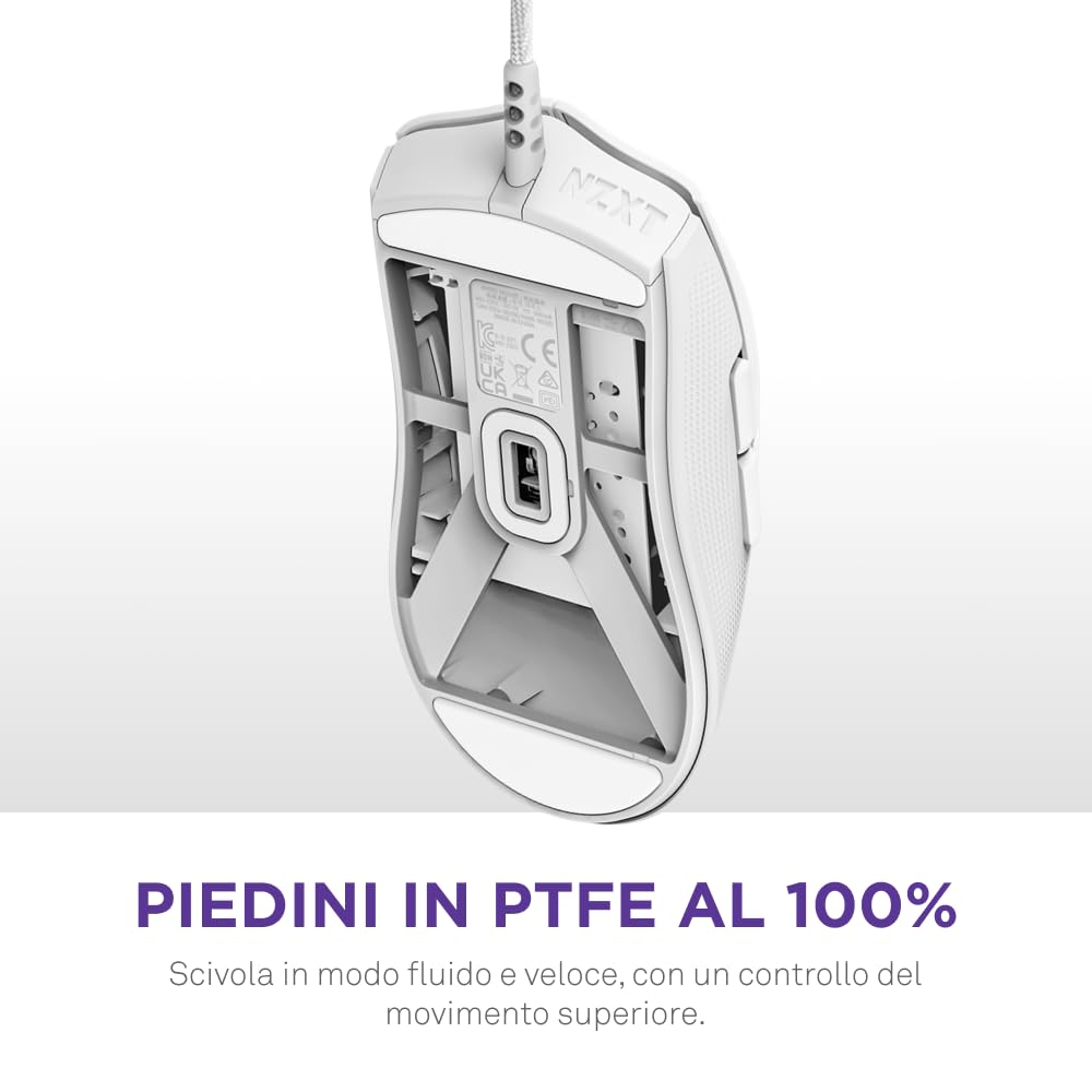 NZXT Lift 2 Symm | Mouse gaming con cavo simmetrico leggero | Design leggero 58 g | Polling rate 8K | Switch ottici | Sensore ottico 26K DPI | Piedini 100% PTFE | Bianco