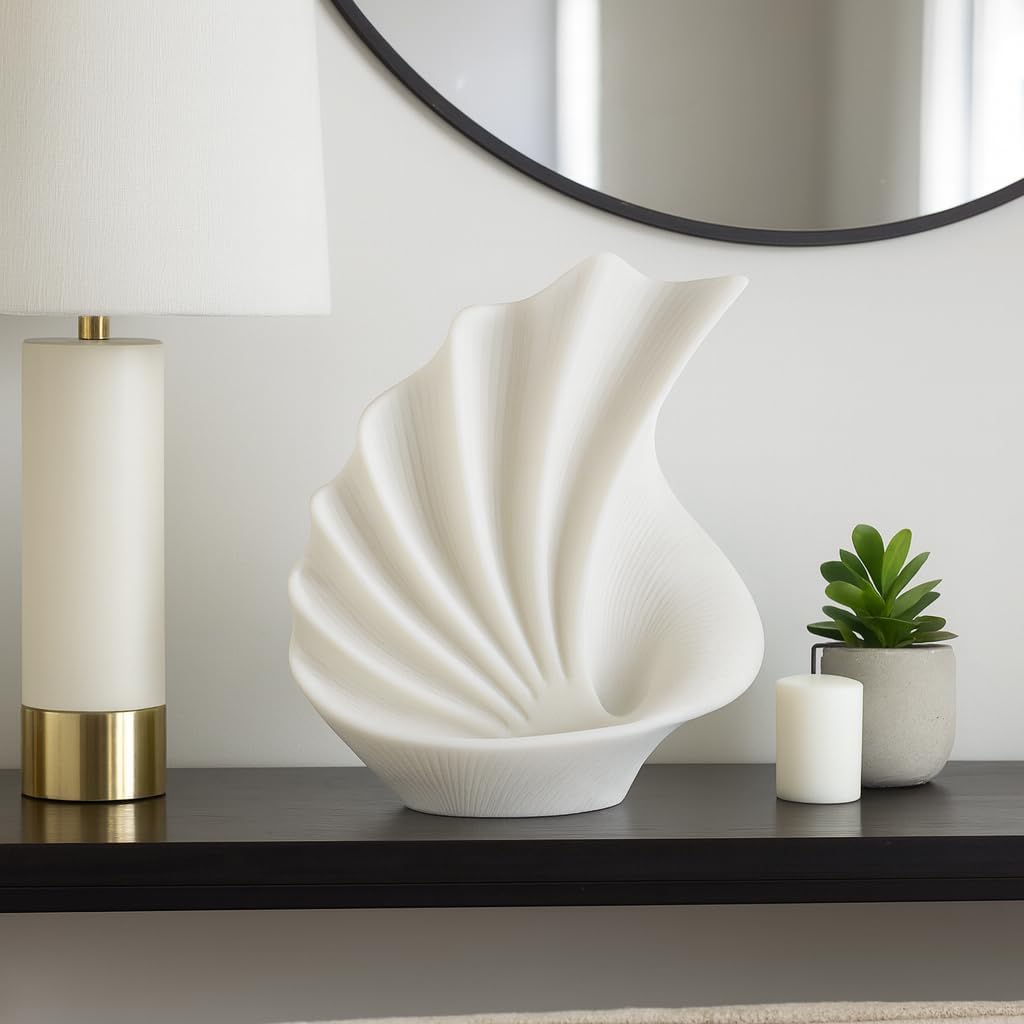 Home and Office Ornament for Living Room Decor – Elegant Polyresin Sculpture with Flowing Curved Shell Design – Coastal-Inspired Home Accent Statue for Bedroom, Bathroom, or Shelf Decor – 16" White