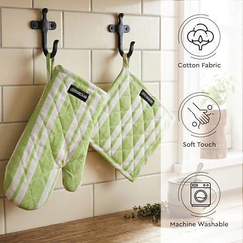 Image of Encasa XO Heat Resistant 100% Cotton Oven Glove & Potholder Set with Loop, Kitchen Cooking Mittens, Microwave Safe Hot Pads (Franca Lime Stripes)