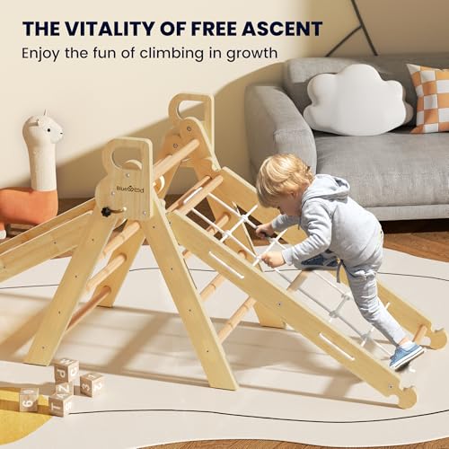 Image of BlueWood 2025 8-in-1 Pikler Triangle Climbing Set Toddler Toys Indoor Baby Jungle Gym Climber Playground for Kids - Natural Wood