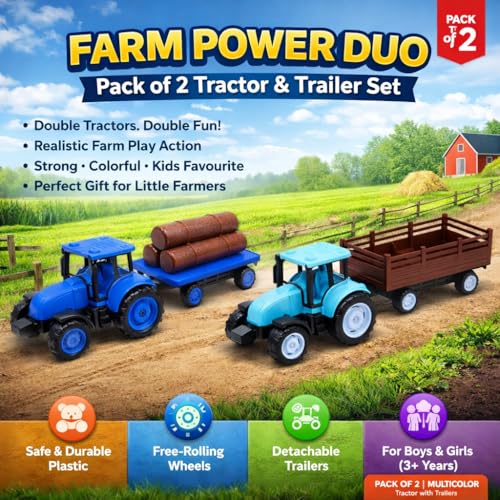 Image of Pull Back Farm Tractor Toy Set for Kids (2-7 Years) - 2 Friction Power Tractors with Detachable Trailer | Farming Play Set | Return Gift Toy Combo for Kids &Toddler | Educational & Role Play Set