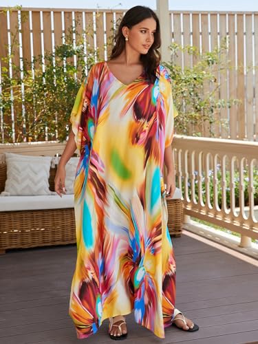 Image of IMAGEKOPE Women's Plus Size Loose Fit Moroccan Print V-Neck Batwing Kaftan Beach Dress Bathing Suit Cover Up