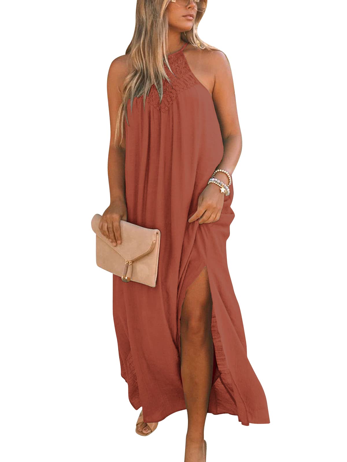 FARORO Sleeveless Long Dress for Women Boho Halter Maxi Sundress Casual Loose Dresses Split Cover Up Gown with Pockets