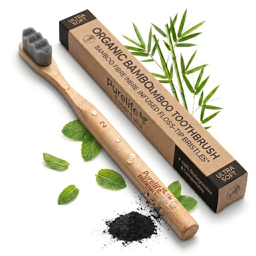 Purelife Essentials Nano Bamboo Toothbrush | Ultra Soft Charcoal Infused Floss-Tip Bristles, BPA-Free, Sustainable Bamboo Handle, Eco-Friendly Packaging, Gentle Deep Cleaning for Sensitive Teeth & Gums for Unisex