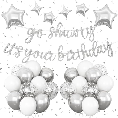 Silver Go Shawty It's Your Birthday Banner Balloons Set, Glitter Happy Birthday Banner with Silver White Confetti Balloon Star Foil Balloon for Man Women Hip Hop Rap Theme Birthday Party Decorations by Vibzox - Used condition - US$7.24