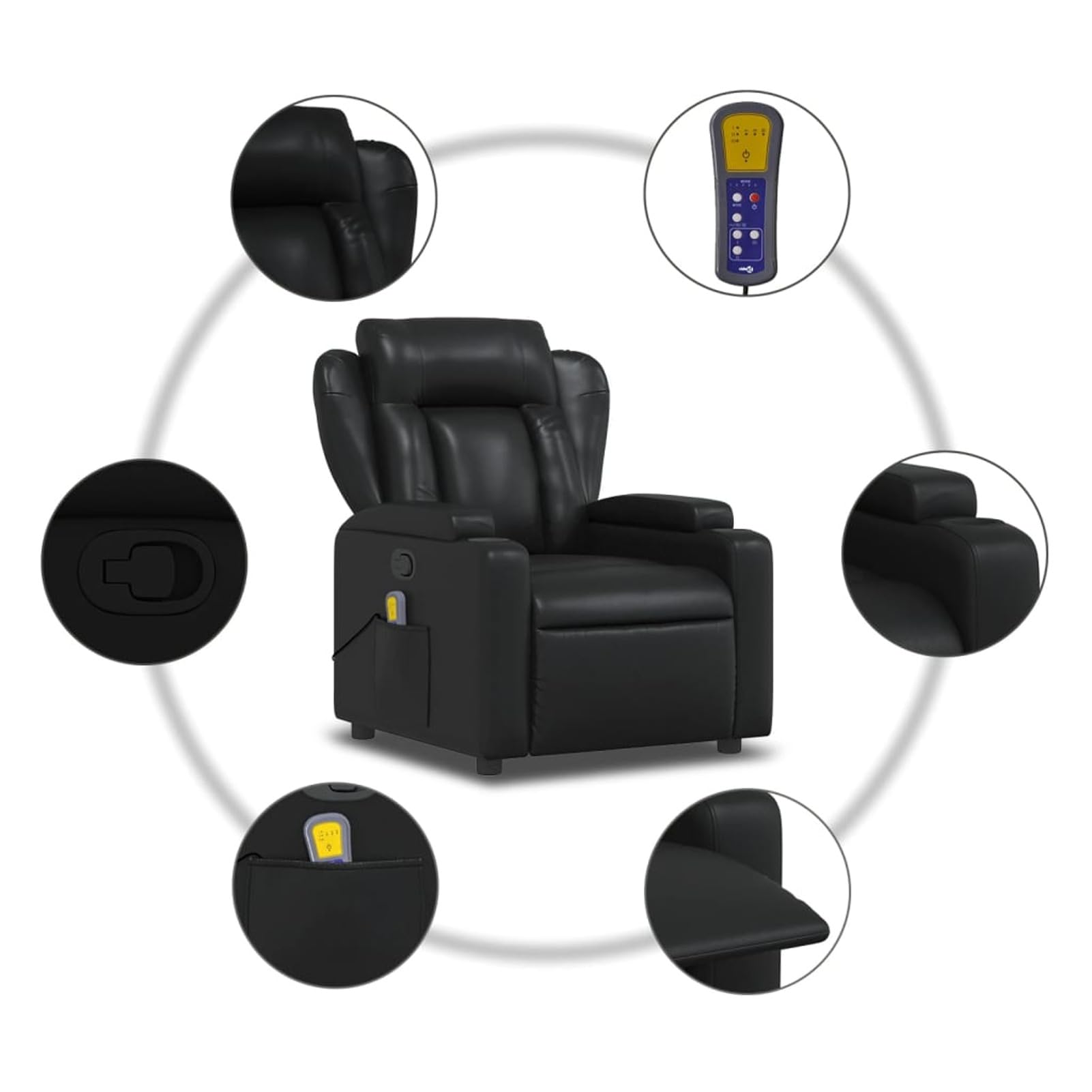 IKAYAA Sillón de Masaje Reclinable Cuero sintético, Sillón De Relax, Sillon Masaje Relax, Sillon Relax con Bolsillos Laterales, Sofá Individual, Butaca Orejera, para Salón Oficina Dormitorio Negro