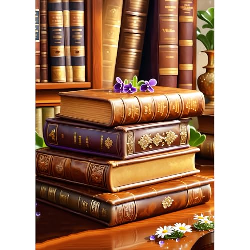 GDYEEH DIY Antique Books 5D Diamond Art Kits, Round Full Drill Sparkling Bookcase Diamond Painting Picture, Vintage Books Painting by Numbers Art Kits for Adults Beginners Home Wall Decor 12x16 inch