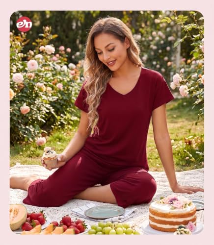 Image of ENJOYNIGHT Womens Pajama Sets Cotton Pj Set Short Sleeve Top With Capri Pants Sleepwear 2 Piece Lounge Set