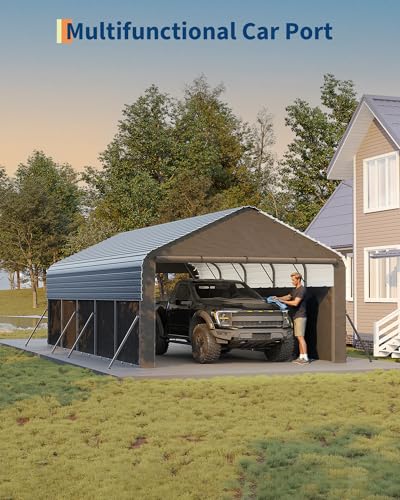 Image of Garvee 12'X24'X9' Metal Carport, Enclosed Car Ports with Heavy Duty Steel Frame and 220 g Tarp, All-Weather Carport for Full-Size Pickup Trucks, Bass Boats, and Tractors