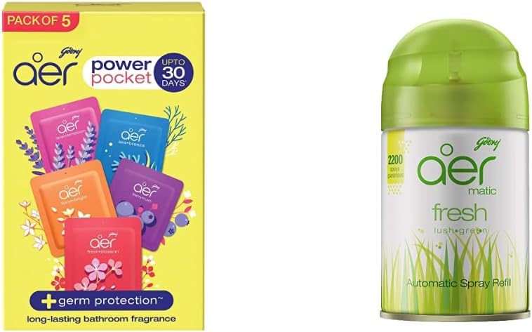 Godrej aer pocket, Bathroom Air Fragrance - Assorted Pack of 5 (5x10g) and Godrej aer matic, Automatic Air Freshener Refill Pack - Fresh Lush Green (225 ml)