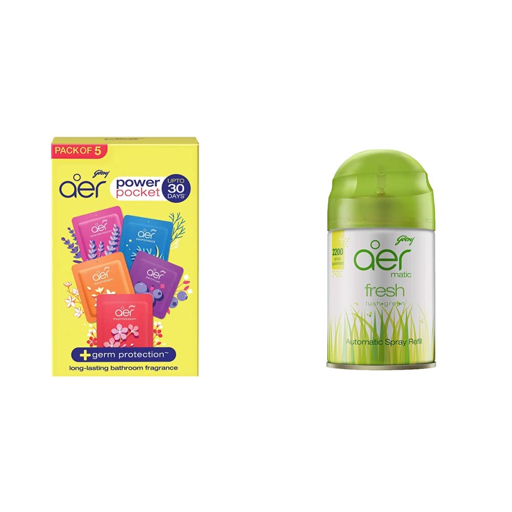 Godrej aer pocket, Bathroom Air Fragrance - Assorted Pack of 5 (5x10g) and Godrej aer matic, Automatic Air Freshener Refill Pack - Fresh Lush Green (225 ml)