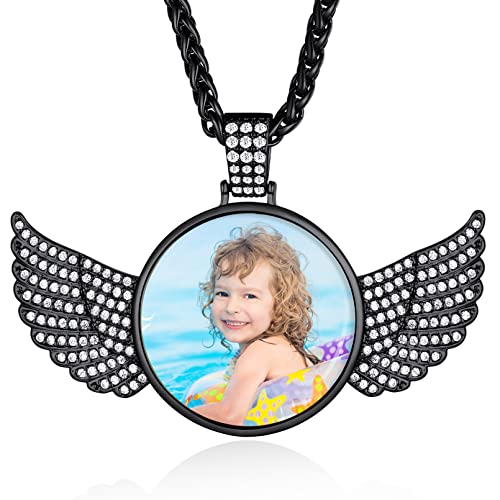 Custom4U Picture Necklace Personalized Photo for Men Women Steel/18K Gold Plated/Black Custom Angel Wings/Heart Pendant Necklace with Picture Memory Circle Chain 18-30 Inch,Hip Hop Jewelry+G