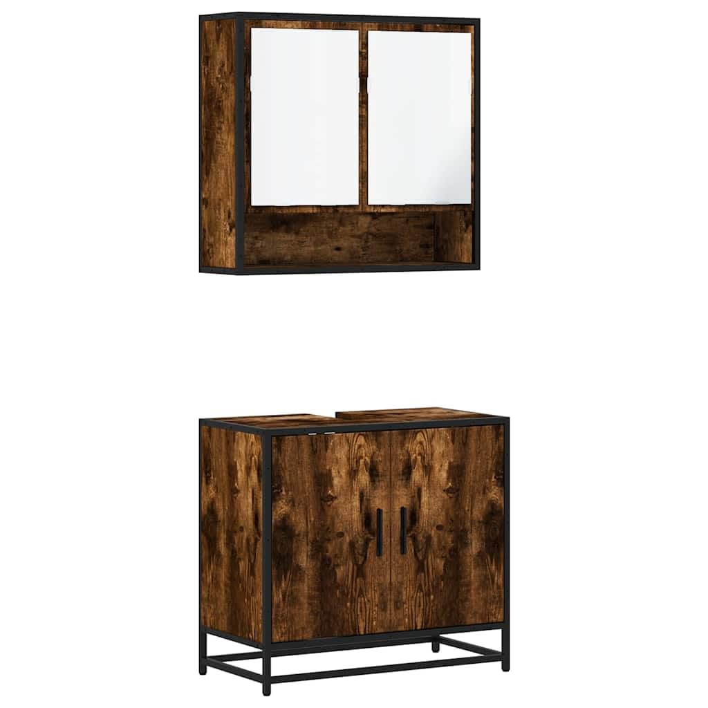 Set Mobili da Bagno 2 pz Rovere Fumo in Truciolato e Metallo | Soluzione salvaspazio per il bagno con armadietto a specchio sospeso e mobile sottolavello in stile industriale.