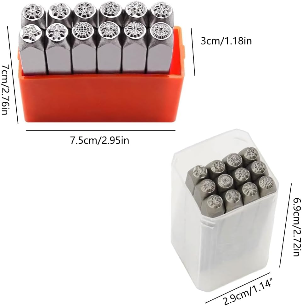 12PCS Metal Letter Punch Set 1/8” 1/4” Steel Flower Stamp Set Stamping Tool