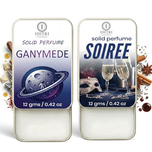 Image of IDITRI EXPORT Solid Perfume |Soiree&Ganymede Alcohol Free Wax Perfume Balm, Long Lasting | Pocket Tin 12g, Pack Of 2| Non Greasy Smooth Glide, Travel Friendly Men And Women