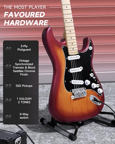 Image of DONNER DST-80 Electric Guitar 39 inch Beginner Electric Guitar Kit with Amp, Classic SSS Pickup Complete with Gig Bag, Tuner, Capo, Strap, Picks, and Free Online Lessons, CherryBurst