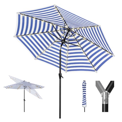 Image of Tempera Patio LED Umbrella with Light | Solar Outdoor Umbrella | Market Table Parasol with Push Button Tilt and Crank, with Sturdy Pole & Fade Resistant Canopy, Easy to Set