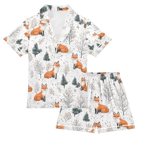 senya Cute Fox on Snow Satin Summer Pajama Sets Silk Short Sleeve Button Down Sleepwear