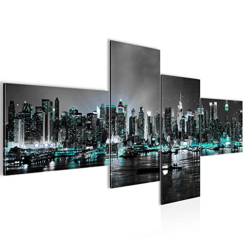 Runa Art Bilder New York City Wandbild 200 x 100 cm Vlies - Leinwand Bild XXL Format Wandbilder Wohnzimmer Wohnung Deko Kunstdrucke Türkis 4 Teilig - Made IN Germany - Fertig zum Aufhängen 605441b