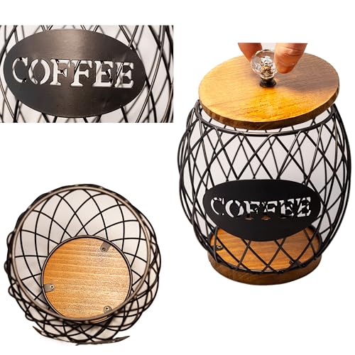 COAEXMAZ Coffee Pod Holder Compatible with 26 Nespresso Vertuo Pods for Coffee Station Corner Organizer K-Cup Original Line Capsules Metal Wire Basket With Wooden Lid Crystal Handle Black Color by COAEXMAZ - Used condition - Image 7