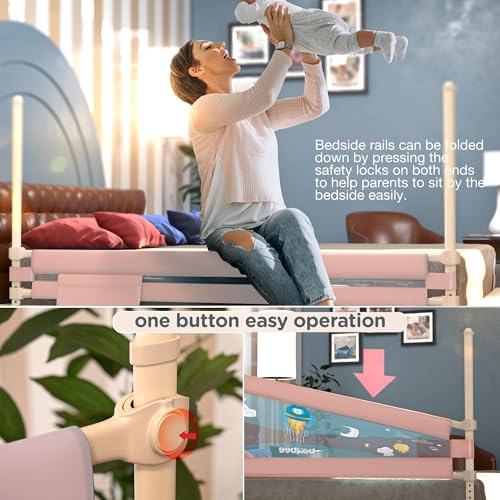 Image of BAYBEE Baby Bed Rail Guard (180x63cm), Bedrail for Baby Toddlers Safety, Portable Kids Bedrail Safeguard Fence with Adjustable Height | Foldable Single Side Bed Protector for Newborn Babies (Pink)
