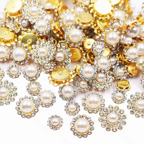 100pcs Sew on Pearls Rhinestones Crystal Gems Glass Sun Flower Jewelry with Gold Claw Mixed 8mm 10mm 12mm 14mm Sewing Flower Claw for Sewing Dress, Clothes, Shoes, Wedding Accessories(19 Pearl)