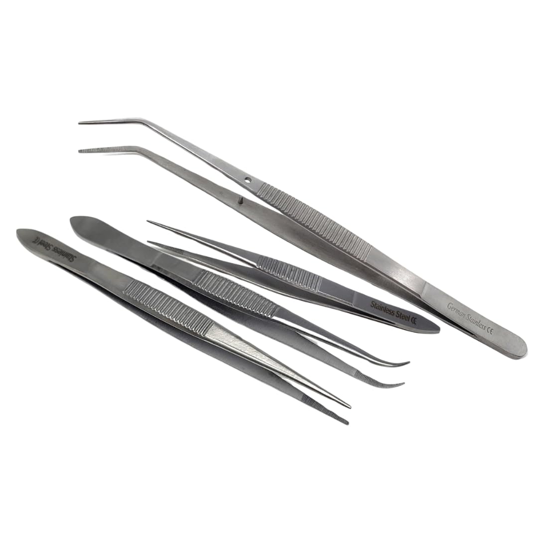Multipurpose 4Pcs Precision Serrated Tweezers for Lab Starter Kits Stainless Steel Forceps All Different Sizes for Scientific Use in School Laboratory Classroom - Individually Packed