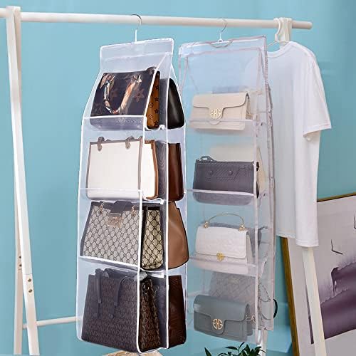 Lirex Handbag Hanging Purse Organizer for Closet, 8 Pocket Handbag Storage Organizer Hanger Oxford Cloth Closet Organizer for Family Closet Bedroom, Foldable and Universal Fit, White