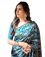 Jaanvi fashion Damen Kerala Banarasi Seide mit Zari Jacquard Arbeit Saree mit ungesäumtem Blusenteil, blaugrün, One size